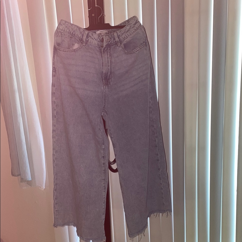 Blue Flare Wide Leg Jeans with Cropped Raw Hem